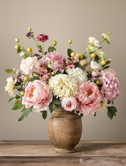Obraz premium A gorgeous bouquet of mixed summer flowers including peonies and hydrangeas in a distressed wooden vase , seasonal decor, bohemian charm, hydrangeas, vintage inspiration
