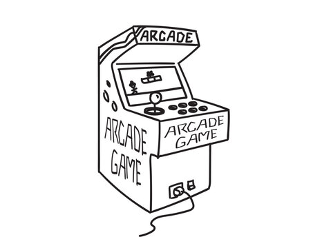 Arcade game machine doodle, retro gaming line art illustration