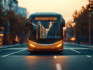 Futuristic electric bus on city street at sunset, showcasing modern design and technology. warm glow of lights adds vibrant atmosphere to urban setting