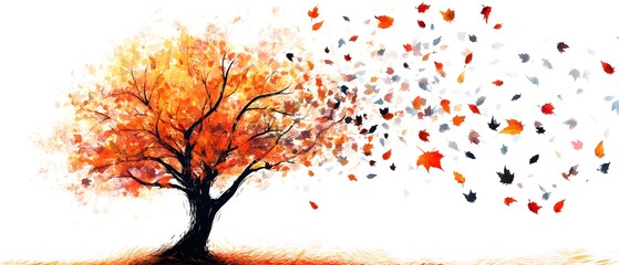 Vibrant Autumn Tree with Colorful Leaves Blowing in the Wind Against a White Background, Capturing the Essence of Fall and Nature's Beauty