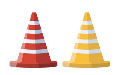 Road work sign. Red and yellow stripped cones. Safety at roads and highways. Driver information sign. Traffic regulations. Flat vector illustration