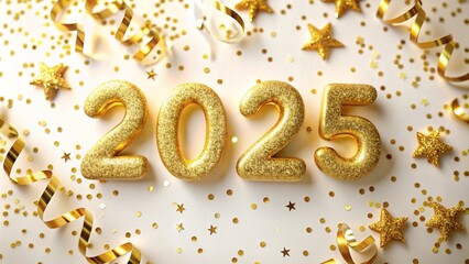 Fondo navideño con los números del año 2025 formado con brillantina dorada, sobre fondo blanco, rodeado de serpentina dorada
