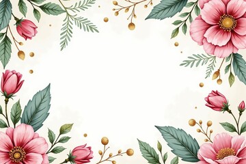 Elegant floral frame with pink flowers, leaves, and golden accents.