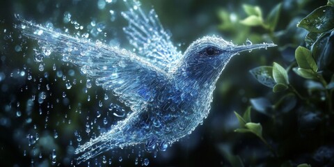 Glass avian soaring amidst a torrential downpour, reflecting light and color through the stormy atmosphere, a symbol of resilience and beauty