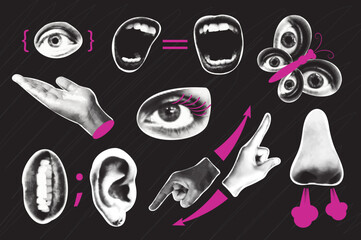 Trendy vintage collage conception with symbols set. Halftone collection with eyes, open female mouth, math equal signs, gesturing hands, smile, ear, nose in retro pop art style. Vector illustration.