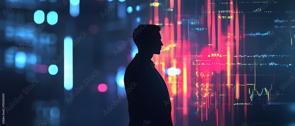 Aufkleber Silhouette of a Businessman Analyzing Data Trends Against a Futuristic Digital Background with Colorful Graphs and Light Effects in a Modern Financial Environment