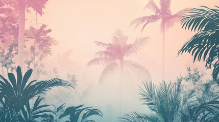 Silhouetted tropical palms and lush foliage in a pastel-hued misty atmosphere, evoking serenity and exotic vibes. AI generative.