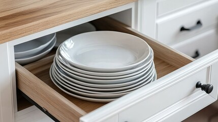 Discover the elegance of white kitchenware neatly stacked in a spacious drawer of a stylish wooden cabinet