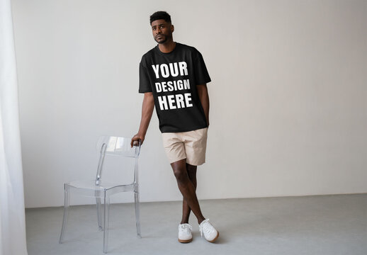 Mockup Of Man Wearing Customizable T-Shirt By Chair