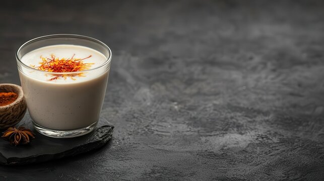 Bright saffron threads floating in warm milk, with delicate spices in the background, luxury and culinary fusion