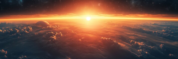 Fototapeta premium Majestic dawn over a massive ringed planet, vibrant colors filling the cosmos, celestial beauty unfolding in the vast universe