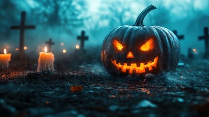 Naklejka premium Spooky Halloween Pumpkin with an Evil Grin Glowing in the Dark Beside Flickering Candles and Gravestones Surrounded by Misty Atmosphere
