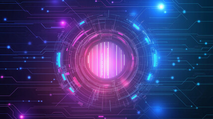 Fototapeta premium Futuristic tech background with glowing circuit patterns and data streams flowing around a clean central space, neon blue and purple colors, cyberpunk