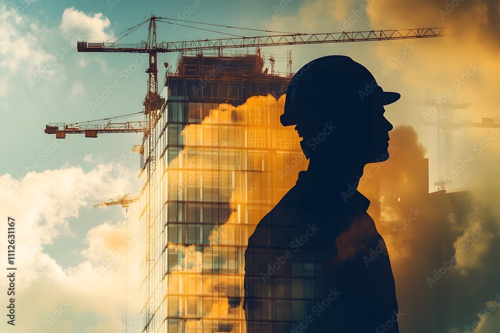 Poster silhouette of a construction worker overlooking a modern cityscape under construction with dramatic 