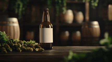 Blank beer bottle label design with rustic brewery background for branding
