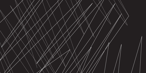 Abstract black and white geometric random chaotic lines with many squares and triangles shape. Metal grid isolated on the white background. Banner with geometric shapes, lines, stripes and triangles.
