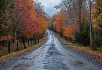 Fototapeta premium Tranquil rural road lined with vibrant autumn foliage showcasing stunning orange and red leaves against a cloudy sky, ideal for seasonal nature photography and landscapes