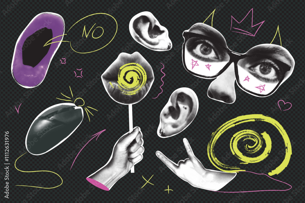 Aufkleber trendy vintage collage conception with symbols set. halftone collection with open mouth with speech 