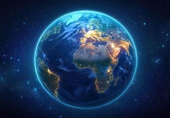 Fototapeta premium Stunning View of the Earth from Space Highlighting Landmasses, Oceans, and City Lights in a Cosmic Environment Filled with Stars and Nebulae in the Background
