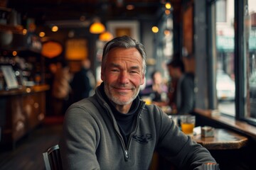 Fototapeta premium Portrait of a jovial caucasian man in his 50s sporting a long-sleeved thermal undershirt isolated on bustling city cafe
