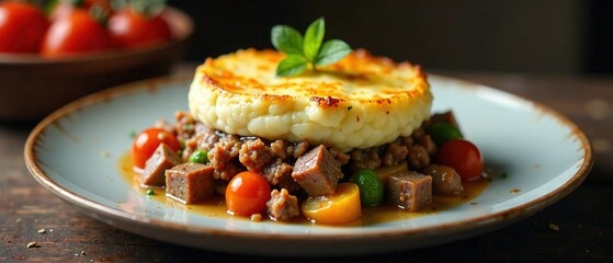 Gourmet Shepherd's Pie, Artistic Plating, Seasonal Vegetables, Lamb, Mashed Potatoes,  AI Food Photography