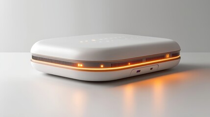 A compact and stylish wireless router with glowing antennas and LED indicators, sitting on a pristine white background. The minimalistic design emphasizes connectivity and modernity. Perfect 