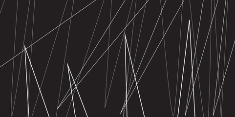 Abstract black and white geometric random chaotic lines with many squares and triangles shape. Metal grid isolated on the white background. Banner with geometric shapes, lines, stripes and triangles.
