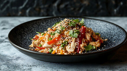 Side view of a plate of chicken fried rice with a scattering of sesame seeds