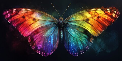 Vibrant butterfly displaying iridescent wings reflecting the full spectrum of rainbow colors, delicate and enchanting in its beauty