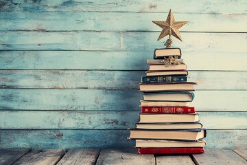 Christmas tree made of books on a wooden background, , Christmas concept representing the holiday...