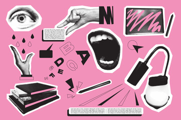 Trendy vintage collage conception with symbols set. Halftone collection with eyes, hands hold text, open mouth screaming, letters, books, tablet, lamps, other in pop art style. Vector illustration.