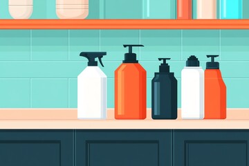 Various bottles on kitchen counter.