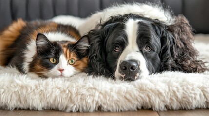 Fototapeta premium dog and cat lying side by side on a fluffy blanket