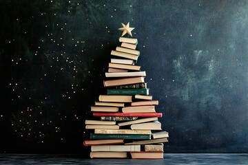 Christmas tree made of books on a black background, , Christmas concept representing the holiday...