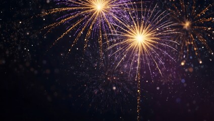 Obraz premium Bright gold and purple fireworks explode against a dark night sky.