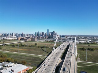 Fototapeta premium Margaret Hunt Hill Bridge Dallas at dusk aerial drone shot
