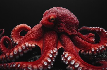 Obraz premium Vivid Red Octopus Displaying Intricate Textures and Unique Features Against a Dark Background for Underwater and Oceanic Imagery
