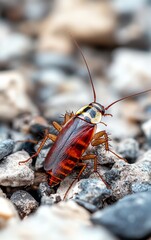 Close-up of a single cockroach on debris.