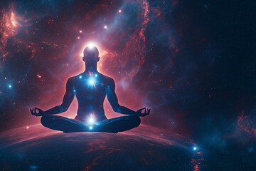 Glowing human figure in lotus yoga pose with aura in meditation concept Generative AI