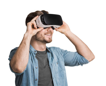 Young man using virtual reality headset isolated in transparent PNG, VR, future, gadgets, technology concept