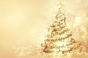 xmas tree card made of musical notes in beige soft background/greeting card/banner/postcard/design/poster
