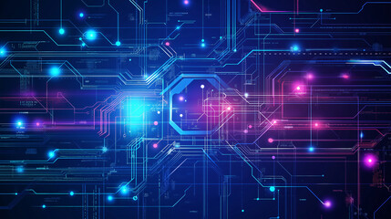Fototapeta premium Futuristic tech background with glowing circuit patterns and data streams flowing around a clean central space, neon blue and purple colors, cyberpunk
