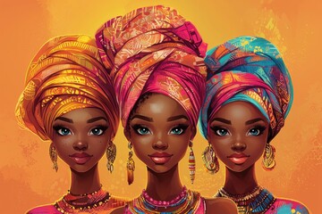 Obraz premium Vibrant cartoon illustration of women in colorful traditional attire