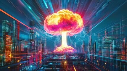 A dramatic explosion unfolds with a nuclear fireball at its core, radiating an intense glow as towering flames and thick smoke billow into the sky. Vibrant Explosion Over Futuristic Cityscape 