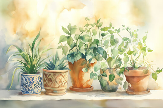 Watercolor illustration of potted houseplants in ceramic and terracotta pots on a shelf, featuring vibrant green leaves, soft light, and warm earthy tones creating a serene botanical interior setting