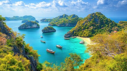 Breathtaking Tropical Paradise with Clear Blue Waters, Lush Green Islands, and Scenic Boats Anchored in a Calm Bay Surrounded by Stunning Natural Beauty