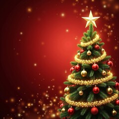Obraz premium Lit evergreen tree with ornaments, golden ribbon, and glowing star creating a festive atmosphere.