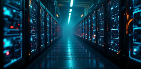A cryptocurrency mining farm with glowing machines, data streams, and neon lights, representing the world of digital mining.