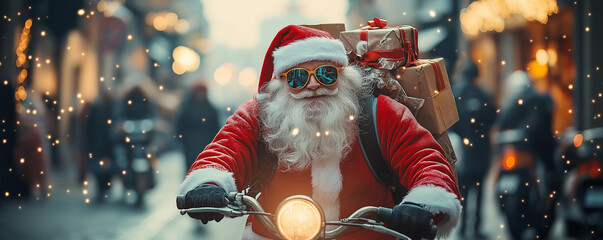 Santa riding a scooter through a busy shopping street, carrying presents in a backpack and wearing festive sunglasses