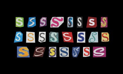 Set of letter “S” cut-out from magazines on a black background, retro y2k ransom font style